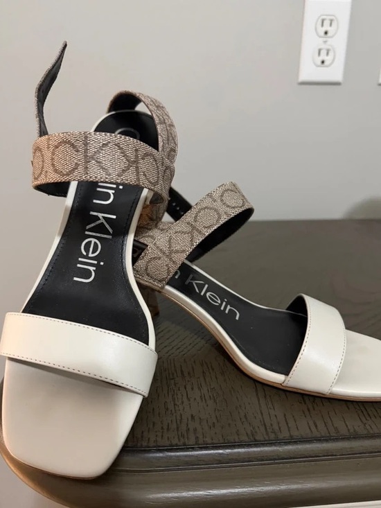 Calvin Klein Shoes - Calvin Klein White and Beige Logo Ankle-Strap Block Heel Sandals